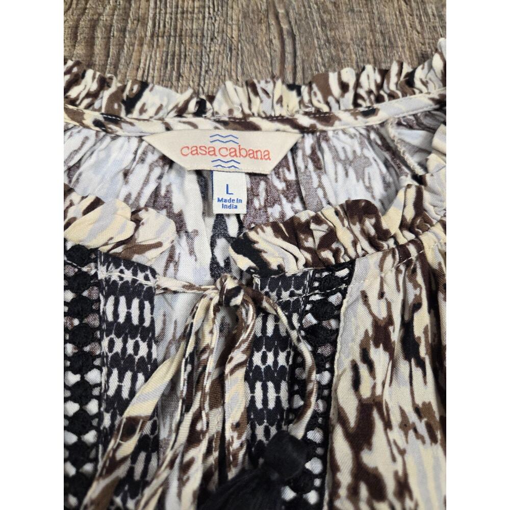 Casa Cabana Black Brown Beige Boho Tassel Blouse Size Large Shirt - Picture 4 of 6